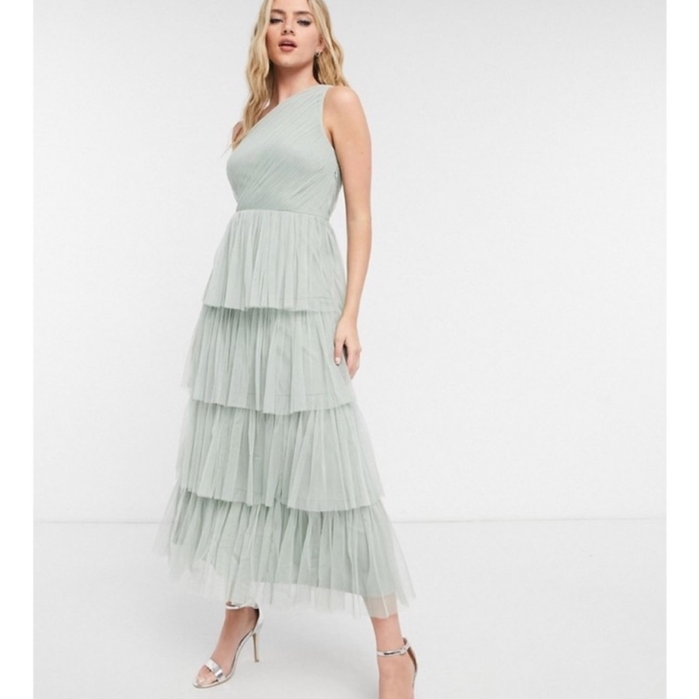 Anaya With Love Sage Green Tulle One Shoulder Tiered Ruffle Midi Formal Dress 4